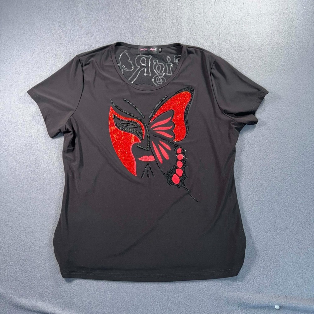 One Six Eight Black Butterfly Applique Bling Top Womens XL Y2K Glam